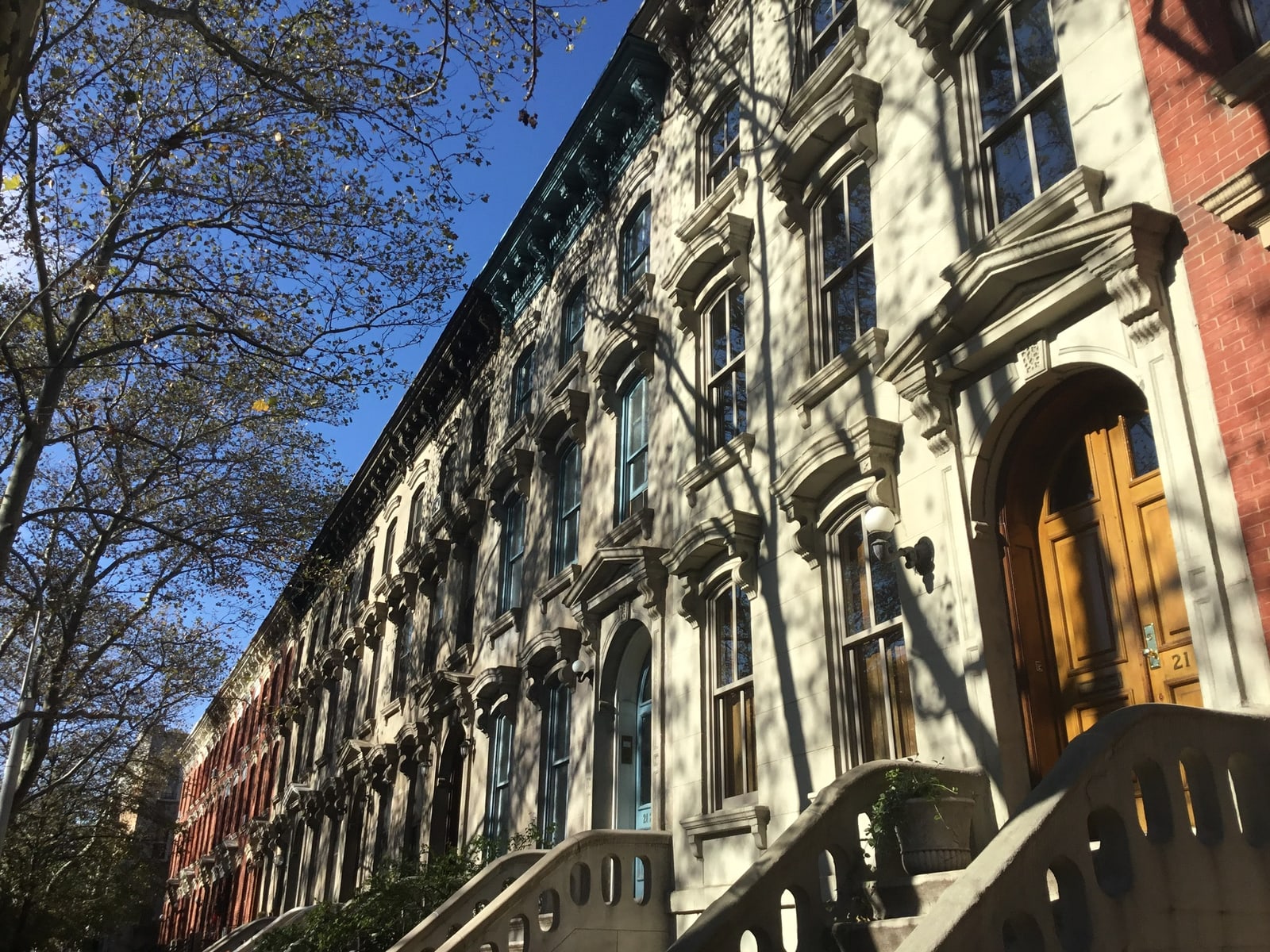 Stone row houses with ornate entrances and raised stoops in Hunters Point Historic District